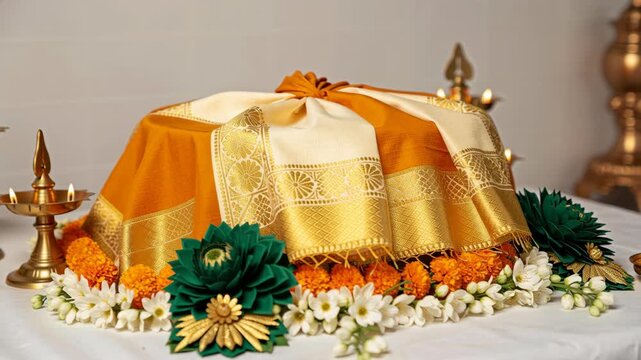 Golden Sikh festival shrine decorated with traditional rumala cloth and flowers