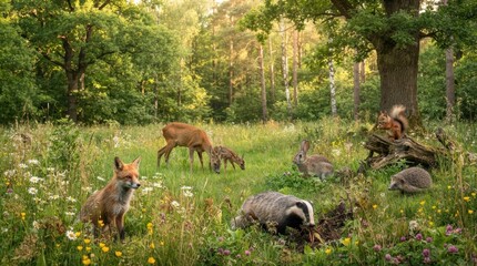 Fototapeta premium A Wildlife Gathering in the Forest: A fox, a deer, a badger, a squirrel, and a rabbit coexist peacefully in a sun-dappled forest clearing, highlighting the harmony of nature.