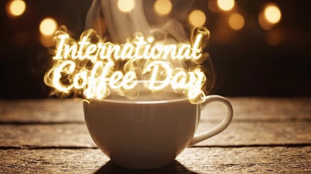 International Coffee Day concept with steaming hot cup on wooden table and bokeh lights background