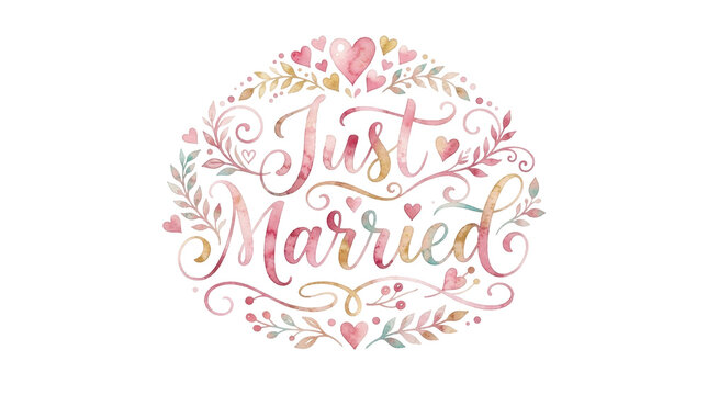 Just Married Celebration with Floral Accents: A watercolor illustration of the words Just Married elegantly scripted within a decorative circular frame of pink and gold hearts, leaves.