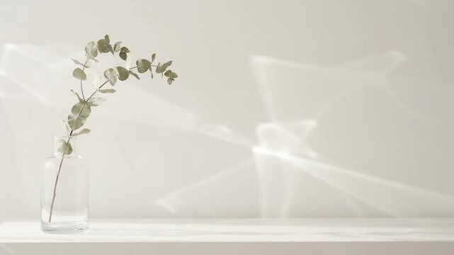 Minimalist eucalyptus branch in a glass vase on a white shelf