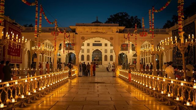 Illuminated Sikh Temple Courtyard Decorated With Glowing Lamps And Marigold Garlands During Evening Festival