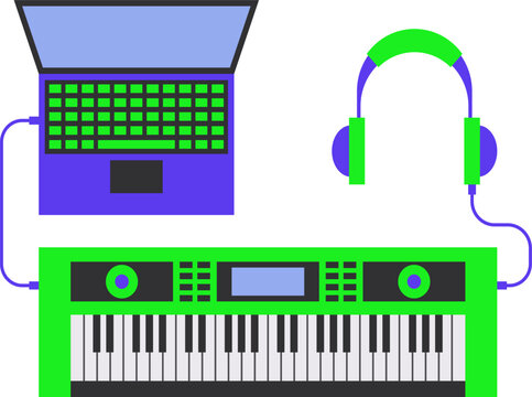 Music Production Setup with Green Synthesizer Keyboard Laptop Computer and Headphones Flat Vector Illustration Isolated on White Background