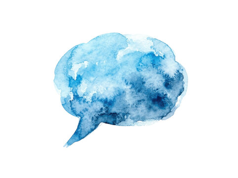 Abstract Blue Speech Bubble: A watercolor illustration depicts a whimsical blue speech bubble, its ethereal form suggesting thoughts, ideas, or communication.