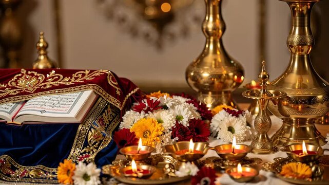 Sacred Sikh Religious Book Open on Palanquin with Flowers and Oil Lamps