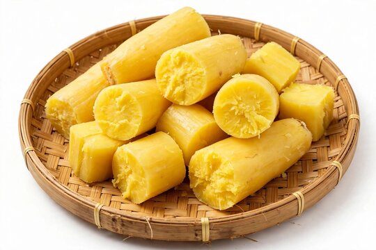 Yellow butter cassava singkong mentega kuning peeled pulen texture on bamboo tray
