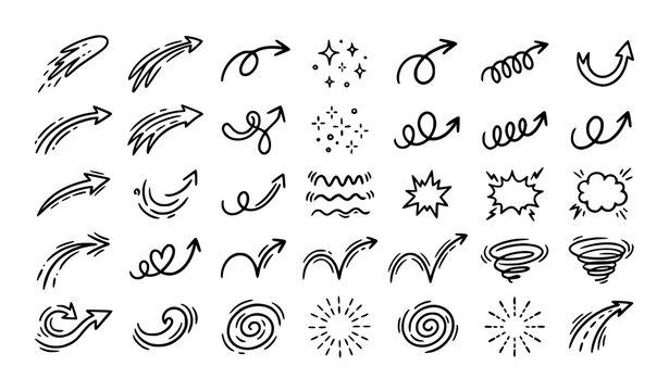 Hand Drawn Cute Motion Lines and Sparkle Doodle Vector Elements