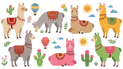 Cute llama animal collection featuring colorful saddles cacti and sunny weather. © Akter