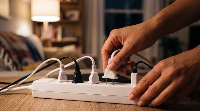 Hands plugging cord into white power strip at home