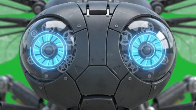 Robotic insect with glowing blue eyes and translucent wings on green screen