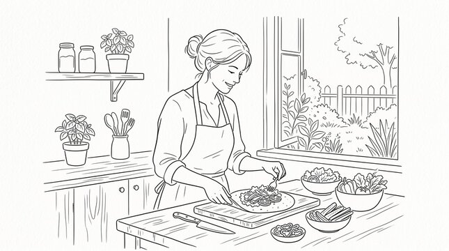 Woman preparing a healthy meal in a bright kitchen with a garden view