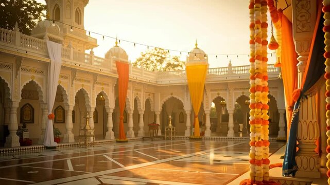 Beautiful Sacred Temple Courtyard Decorated With Marigold Flowers and Hanging Lanterns