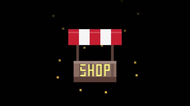 Pixel Art Shop Stall Animation With Falling Gold Coins Icon Design For Gaming UI Assets And Retro Style Digital Storefront Commerce Promotion