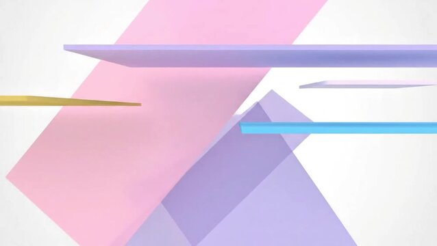 Abstract composition of floating colorful geometric shapes on a white background.