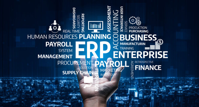 A conceptual image illustrating the integration of ERP systems in business management, focusing on payroll, finance, and human resources for effective growth and efficiency. Tessel