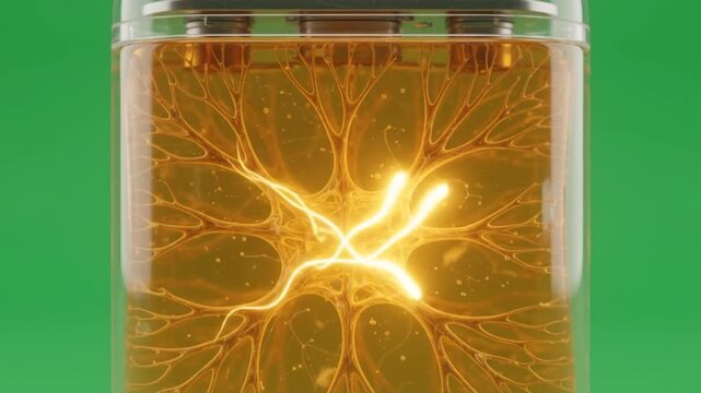 Transparent battery glowing amber neural network on green screen