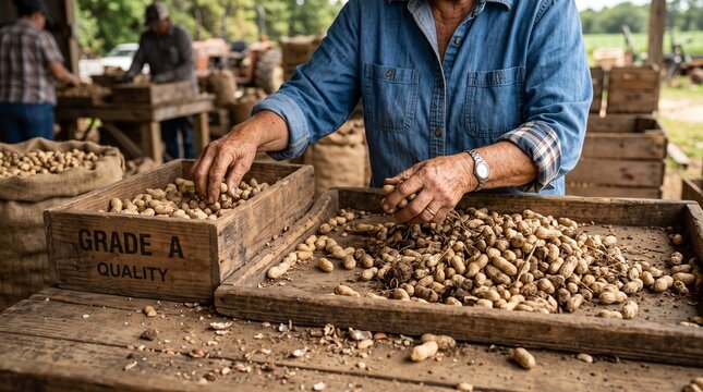 A detailed view of a farmer in a denim shirt sorting dried pinto beans from a burlap sack into a wooden crate within a rustic barn storage area