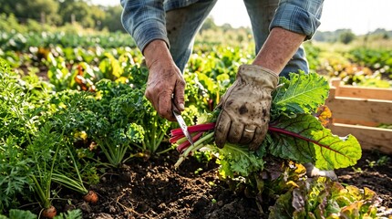 Fototapeta premium Farmer using knife to harvest fresh red Swiss chard leaves in vegetable garden