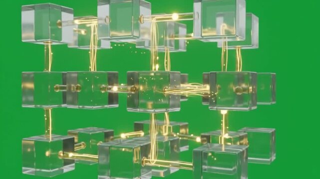 Transparent glass cubes with glowing golden light trails in 3D grid