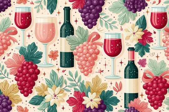 Elegant Feminine Wine and Grape Seamless Pattern with Burgundy Glasses and Vintage Botanical Accents