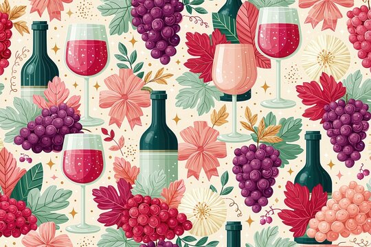 Elegant Feminine Wine and Grape Seamless Pattern with Burgundy Glasses and Vintage Botanical Accents