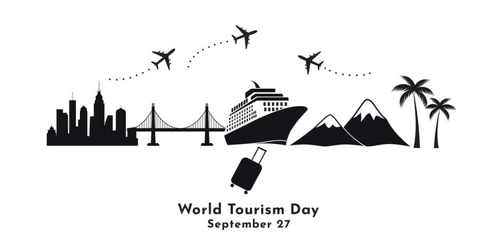 World tourism day conceptual black silhouette illustration with vacation travel