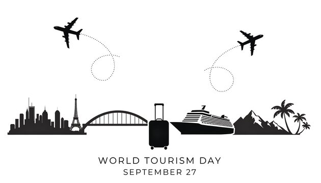 World tourism day minimalist travel concept with luggage and city silhouettes