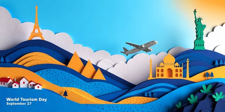 Conceptual paper craft landscape for world tourism day featuring international landmarks