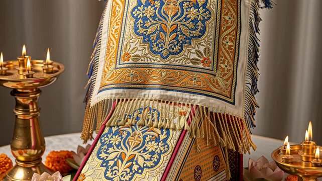 Sacred Sikh scripture covered with embroidered silk cloth and glowing oil lamps
