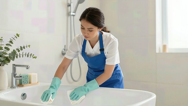 Young Asian Female Maid Cleaning White Bathroom Sink with Cloth and Protective Gloves in Bright Modern Domestic Interior Setting with Soft Natural Lighting