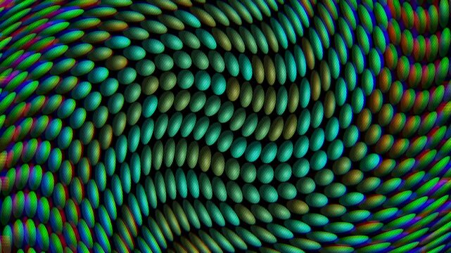 Abstract 3D pattern of shimmering teal ovals with chromatic aberration distortion, ideal for motion graphics, digital backgrounds and tech presentations.