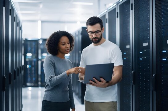 Diverse Team of IT Engineers Collaborating on Server Maintenance in a Modern Data Center