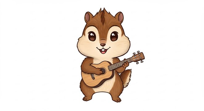 Chipmunk Musician Illustration: A cute, cartoon chipmunk with brown fur and distinctive stripes plays a ukulele, looking cheerful and ready for a performance.