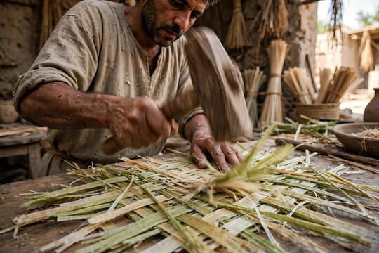 Middle Eastern artisan using a heavy wooden mallet to flatten green plant fibers for weaving in a rustic village workshop with dried reeds