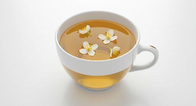 Aromatic Tea with Floral Infusion: Delicate white flower petals float gently on the surface of a golden herbal tea in a white ceramic mug, creating a serene and refreshing beverage experience.