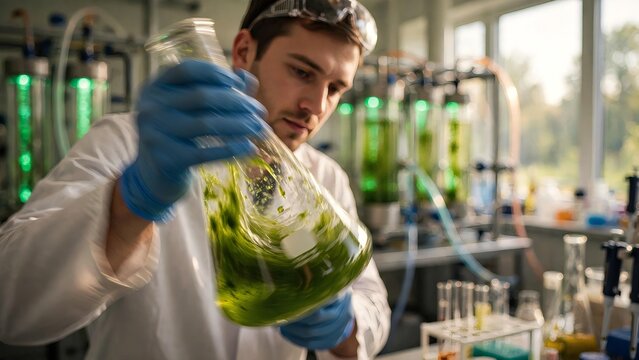 Caucasian male scientist in a laboratory vigorously swirling an Erlenmeyer flask containing green microalgae culture during biotechnology research and experiment with bioreactors in the background