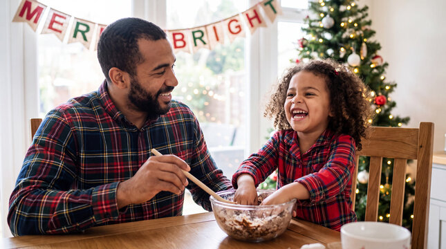 A father and daughter play with Christmas pudding at the table for a joyful festive holiday family dessert moment.