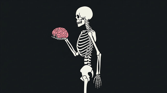 A skeleton side profile holding its brain flat vector illustration on black background.