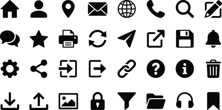 Minimalist web UI icon set, simple black website interface symbols, essential vector UI navigation icons for mobile app development