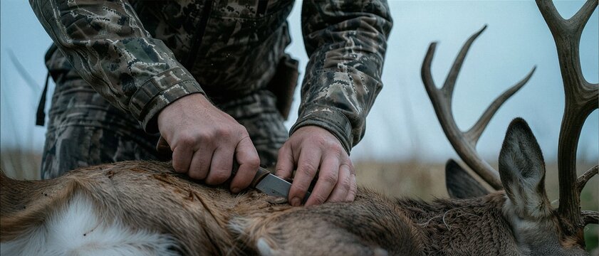 Hunter field dressing deer with knife outdoors in autumn field  