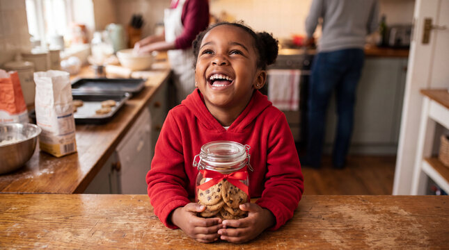 Laughing Black girl in a red fleece hoodie holds a cookie jar with a ribbon in a warm kitchen for Giving Tuesday, sharing homemade care for campaigns.
