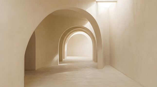 Minimalist architectural arches in a bright beige corridor with soft light