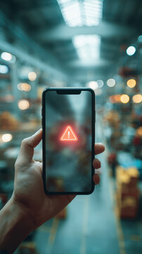 Security personnel holds smartphone displaying an instant warning alert inside a logistics facility, receiving sensor triggered notification to identify cargo risks and coordinate rapid response