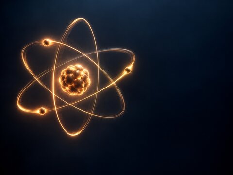 Glowing atom model outline, abstract science light background