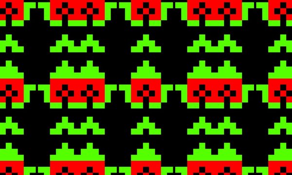 8-bit retro pixel art seamless pattern featuring vibrant green and red alien sprite shapes on a black background