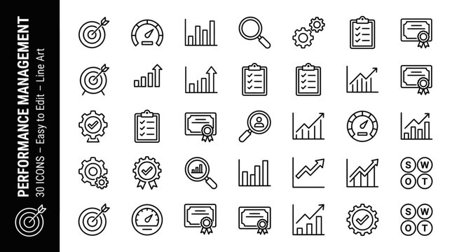 Performance Management and Business Analytics Line Icons Set - KPI Metrics Productivity Growth Strategy Vector Collection
