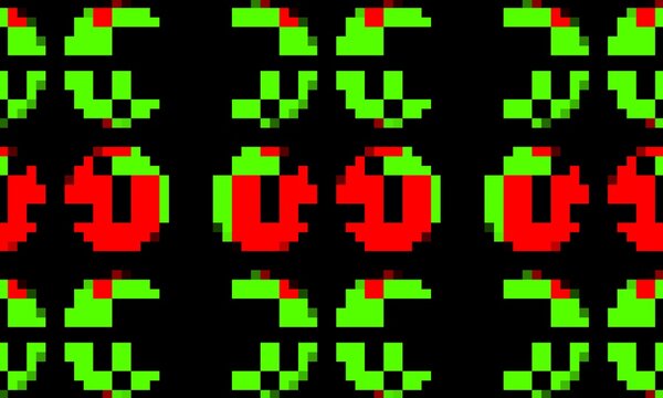 Seamless retro pixel art pattern featuring repeating green abstract shapes and vibrant red circular icons on a black background