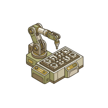 Precision robotic arm interacting with a digital keypad interface, illustrating automated industrial processes, smart factory integration, and advanced manufacturing solutions