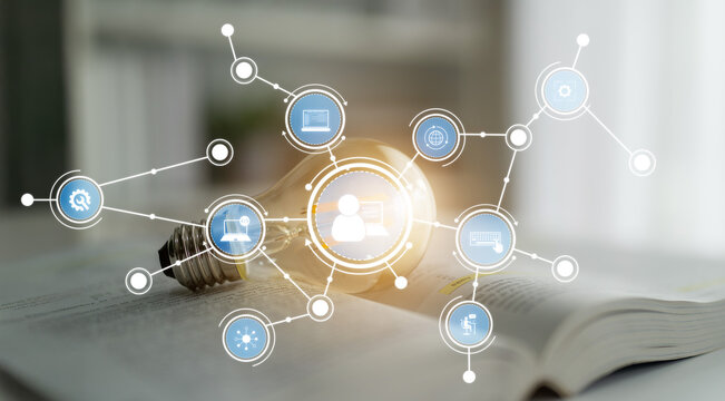 This image showcases a light bulb surrounded by digital icons, symbolizing innovation and technology, perfect for concepts of ideas, connections, and modern design. Crux