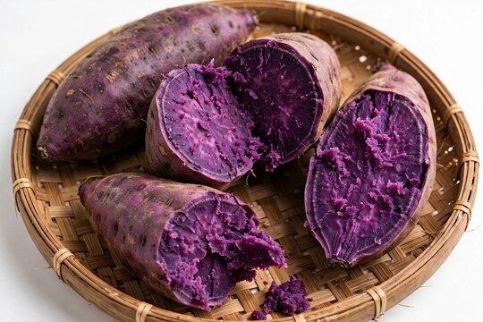 Sundanese purple sweet potato ubi ungu sunda pulen texture on bamboo tray
